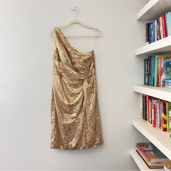 Rene Ruiz Gold Sequin Metallic One Shoulder Cocktail Dress Sz 14 NWT - Picture 3 of 12